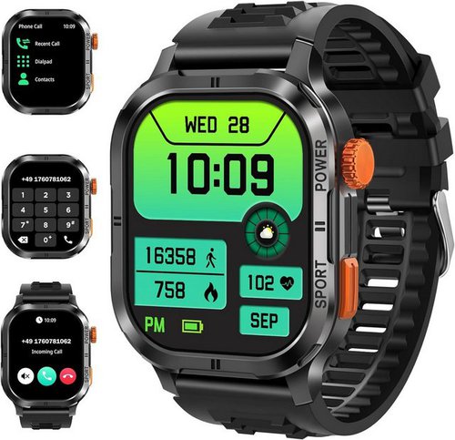 Bambooinn 5ATM/IP68 Wasserdicht Fitnessuhr Smartwatch (2,13 Zoll, Android, iOS), mit Herzfrequenz SpO2 Schlafmonitor, IP68 Wasserdicht Schrittzähler