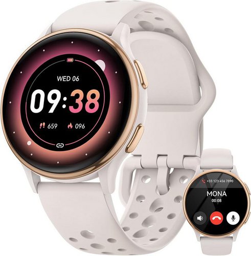 Aimiuvei Herzfrequenzüberwachung Smartwatch (1,27 Zoll, Android, iOS), mit Telefonfunktion 100+Sportmodi UVI,24HPulsuhr/SpO2/Stress/Emotionen