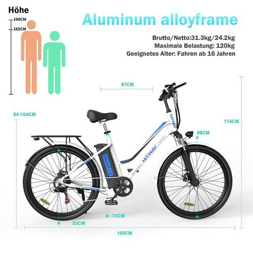 Hitway E-Bike, 26"Elektrofahrrad 7Gang Shimano 11.2Ah36V 250W