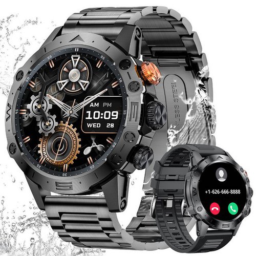 Sanorum Smartwatch Herren mit Telefonfunktion Smartwatch (3.88 cm/1,53 Zoll, Touchscreen und Sprachassistent) mit 24/7 Herzfrequenz, SpO2, Schlafüberwachung, P68/5ATM Wasserdicht 100+ sportmodi Fitness Watch, für iOS/Android/Edelstahl & Silikon armbänder