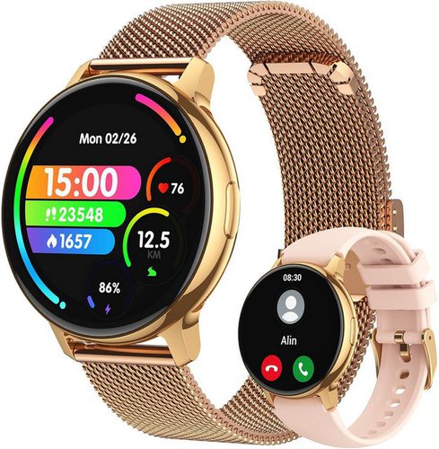 Luxtrine Fur Damen mit Telefonfunktion IP68 DIY-Zifferblatt AMOLED Smartwatch (1,19 Zoll, Android / iOS), mit 100+ Sportarten/Herzfrequenz/SpO2/Schlafmonitor/Schrittzähler