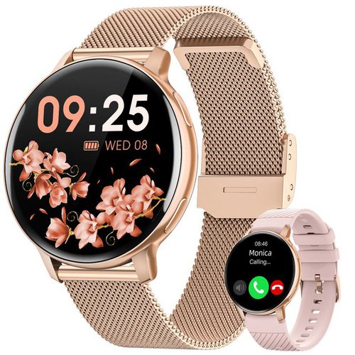 Sanorum Smartwatch Damen mit Telefonfunktion Smartwatch (3.53 cm/3,39 Zoll, HD Voll Full Touch Screen) Armbanduhr mit SpO2 Pulsuhr Menstruationszyklus, Schlafmonitor Schrittzähler Kalorien Fitness Tracker, IP68 Wasserdicht, für iOS Android