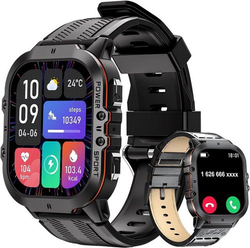 Foxbox Smartwatch (1,96 Zoll, Rechteckig), Heren mit Telefonfunktion AMOLED Display Fitness Militär 100+Sportmodi