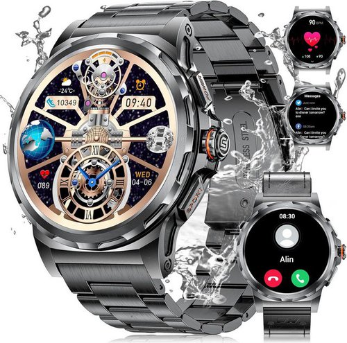 Lige Herren's Telefonfunktion IP68 Wasserdicht 360mah Akku Smartwatch (3,63 cm/1,43 Zoll, Android/iOS), mit austauschbarem weichem Lederarmband, mit Herzfrequenz, SpO2 Schlafmonitor Fitness-Tracker Always-On Display