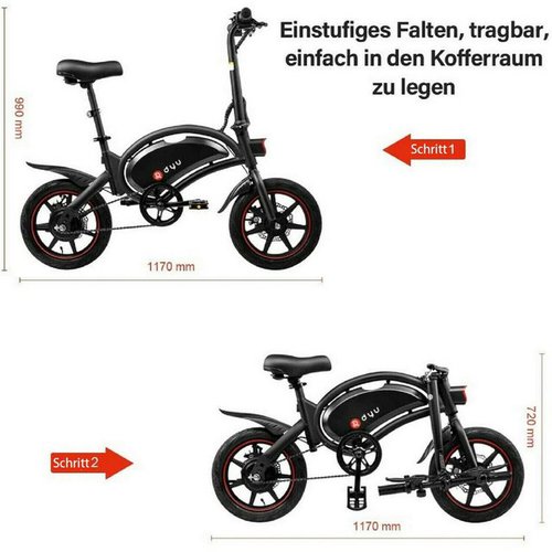 Fangqi E-Bike 14Zoll Klapprad E-BIKE, 250W/10AH,IP54 LED Scheinwerfer,DYU, Kettenschaltung, Heckmotor, (E-fahrräder, E-citybike, E-mopeds), Tempomat, Doppelscheibenbremsen vorne und hinten, Sitzhöhe verstellbar