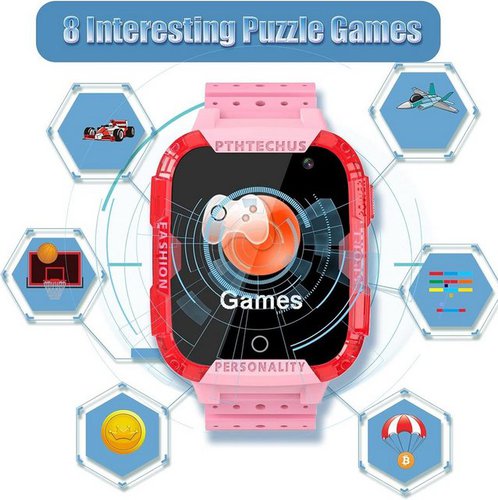 Pthtechus für Kinder Jungen Mädchen Geschenke Anruf Sport Taschenlampe Smartwatch (1.44 Zoll), Mit Kamera Selfie Lernspiele Lustige Spiele, MP3 SOS Anruf Touchscreen