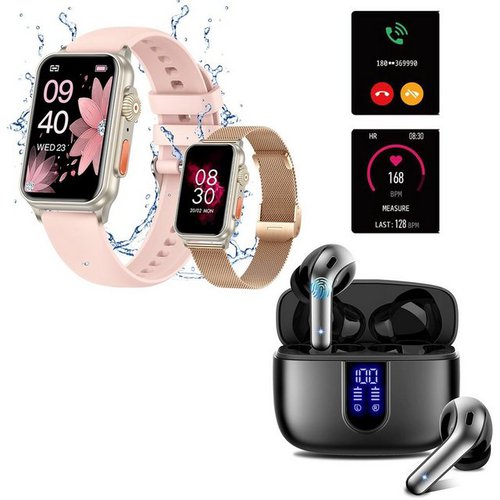 Hyiear Smartwatch und kabellose Bluetooth-Kopfhörer für Männer und Frauen Smartwatch (4.5 cm/1.77 Zoll) Packung, Armbänder, Ladekabel, Ohrstöpsel, Sportmodus, Herzfrequenzmessung, Sprachassistent