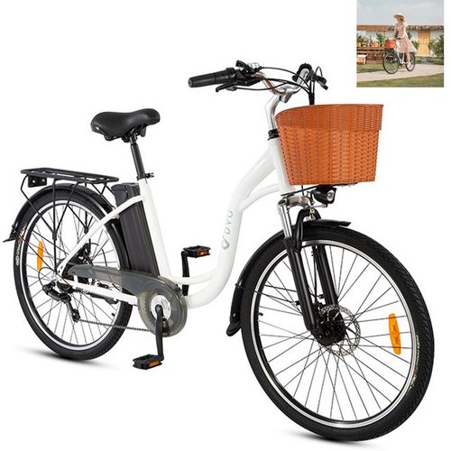 Vankel E-Bike Nephrit 26 Zoll CityFahrrad mit 6-Gang Shimano Kettenschaltung, 6 Gang Schimano Schaltwerk, Heckmotor, (mit Akku-Ladegerät), 12.5Ah 36V Abnehmbarer Akku,Sitzhöhe Verstellbar,City Bike mit Korb