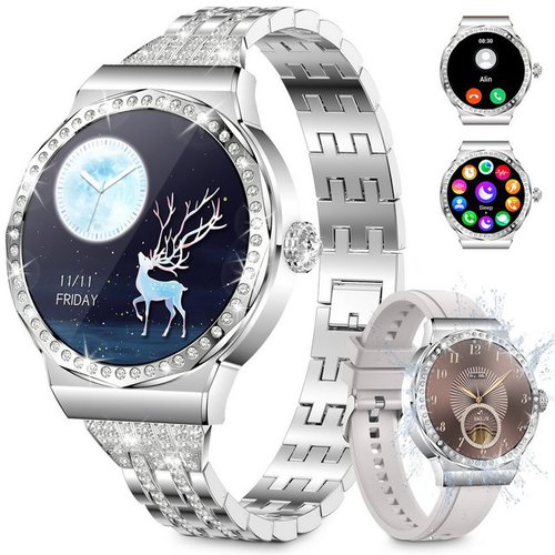 Bekomiya Smartwatch, Fitness Tracker Uhr für Damen mit Anruffunktion Smartwatch (3.3 cm/1,32" extra HD Voll Touchscreen und 466 * 466 High-Definition-Auflösung Zoll) Diamant Damen Stahl Smartwatch,2 Austauschbare Armbänder, IP68 Wasserdicht Fitness Tracker Smart Watch, Frauengesundheit,Blutsauerstoff,Herzfrequenz,Blutdruckmessung usw