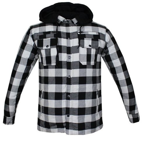 Alpha Speeds Motorradjacke Flanell-Holzfäller Motorrad KEV ARAMID Lumber Biker Hemd PRO Weiß (Wasserdicht & Winddicht & Atmungsaktiv + wasserdichte Reißverschlüsse) mit abnehmbare Kapuze & Innenjacke, All Season, inklusive Protektoren