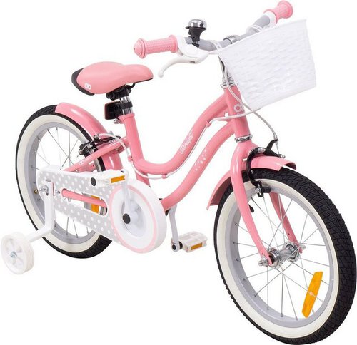 Actionbikes Motors Kinderfahrrad Mädchen Kinder Fahrrad Starlight inkl. Fahrradkorb - rosa weiß, 1 Gang, ohne Schaltung, (16 Zoll, ab 105 cm Körpergröße, max. Zuladung 40 kg, Stützräder, Klingel, Katzenaugen, Reflektoren, Antirutschgriffe, 1-tlg., V-Brake-Bremse, Luftbereifung, Schutzbleche, pastellrosa), höhenverstellbares Bike Mädchen Rad Kinderrad ab 4 Jahre