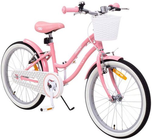 Actionbikes Motors Kinderfahrrad Mädchen Kinder Fahrrad Starlight inkl. Fahrradkorb - rosa weiß, 1 Gang, ohne Schaltung, (himmlisches Design, 20 Zoll, ab 115 cm Körpergröße, max. Zuladung 50 kg, Fahrradständer, Klingel, Reflektoren, Antirutschgriffe, 1-tlg., Caliper Bremse, Luftbereifung, Schutzbleche, pastellrosa), höhenverstellbares Bike Mädchen Rad Kinderrad ab 6 Jahre