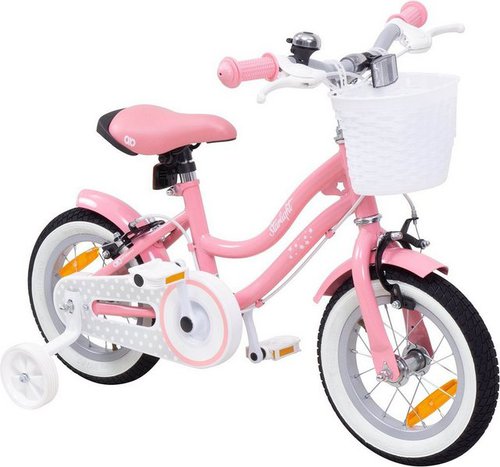 Actionbikes Motors Kinderfahrrad Mädchen Kinder Fahrrad Starlight inkl. Fahrradkorb - rosa weiß, 1 Gang, ohne Schaltung, (12 Zoll, ab 95 cm Körpergröße, max. Zuladung 35 kg, Stützräder, Klingel, Katzenaugen, Reflektoren, Antirutschgriffe, 1-tlg., V-Brake-Bremse, Luftbereifung, Schutzbleche, pastellrosa), höhenverstellbares Bike Mädchen Rad Kinderrad ab 2 Jahre