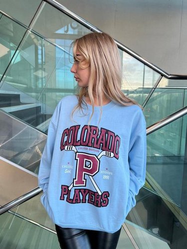 Worldclassca Longsweatshirt Damen Mädchen Oversized Sweatshirt Lounge Homewear Sweater Shirt Bedruckt Schriftzug COLORADO PLAYERS College Uni Farben Freizeit Sport Langarmshirt Oberteil Pulli Pullover Blogger NEU