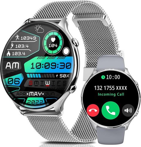 Fsdibst Smartwatch (1,39 Zoll, Android iOS), mit Telefonfunktion Fitnessuhr Damen Runde Mit 120 Sportmodi Spo2 Uhr