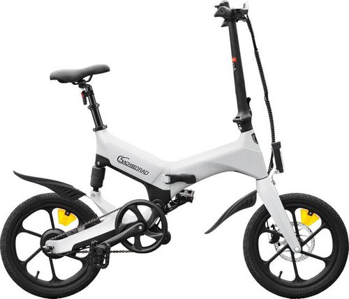 Sachsenrad E-Bike E-Faltrad F12, 1 Gang, Schaltung über 3 Tretunterstützungsstufen, Heckmotor, 190 Wh Akku, preisgekrönter Magnesium-Rahmen, Magnethalterung und Hilfsschieberad