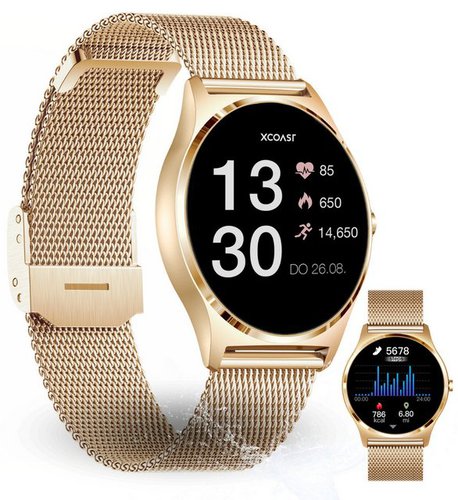 Xcoast JOLI Damen Smartwatch (3,9 cm/1,3 Zoll, iOS und Android) Fitnesstracker und Frauensportuhr, neueste Generation, 1-tlg., milanaise Edelstahlarmband mit Schnellwechselfunktion, Citrin Gold, IP67, Herzfrequenzmessung, Blutdruck, Blutsauerstoff, Schlaf