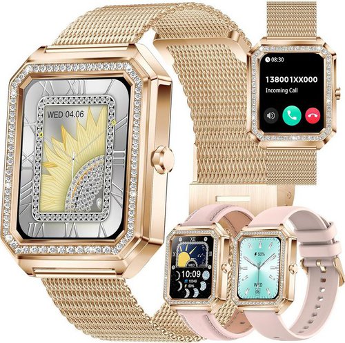 Myshun Damen's Telefonfunktion Fitness-Tracker Fitness Tracker Diamond Smartwatch (4,04 cm/1,59 Zoll, Android/iOS), mit austauschbarem weichem Silikon und Lederarmband, mit 123 Sportmodi IP68 Wasserdicht Schlafmonitor Schrittzähler