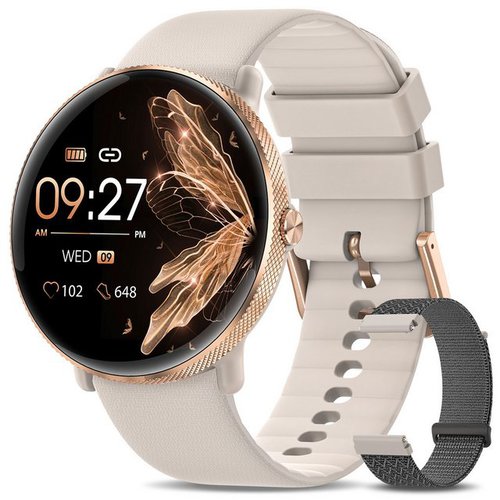 Sanorum Smartwatch Damen mit Telefonfunktion Smartwatch (3,63 cm/1,53 Zoll, AMOLED HD Voll Touch Screen) Armbanduhr mit SpO2 Pulsuhr Menstruationszyklus, Schlafmonitor Schrittzahler Kalorien Fitness Tracker, IP68 Wasserdicht für iOS Android
