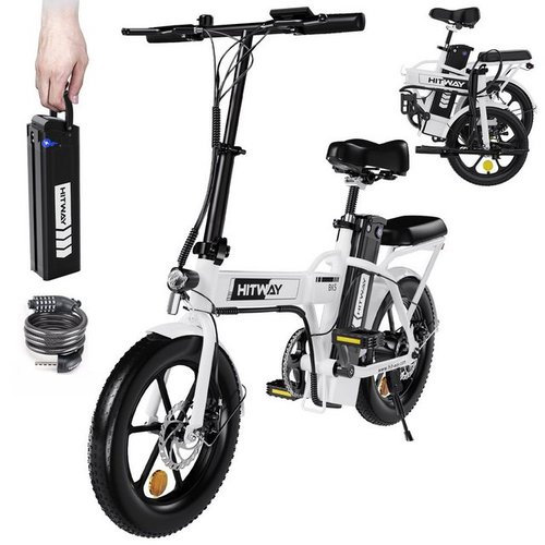Hitway E-Bike Fahrrad Klapprad 16*3.0 Zoll 250W 12 Ah / 36 V Luftreifen, Kettenschaltung, Heckmotor, 432 Wh akku, Fahrradpumpe und Schloss für Damen und Herren 150 - 180 cm