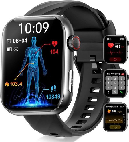 Yyky Smartwatch (1,96 Zoll, Android iOS), Uhr für Blutzuckerspiegel Schlafmonitor Schrittzähler Thermometer SpO2