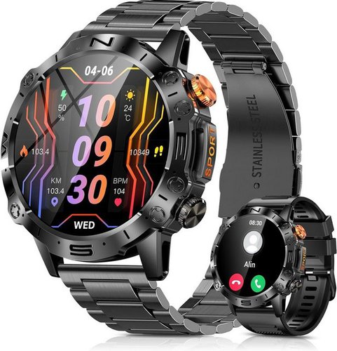 Podoeil Männer's Smartwatch (1,43 Zoll, Android / iOS), Mit Blutdruckmessgerät, Always-On Display und über 100 Sportmodi