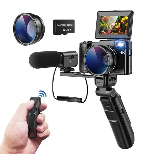 Ht 4K Videokamera Camcorder Digitalkamera Kompaktkamera Kompaktkamera (48 MP, inkl. mit Stativ und Mikrofon, 16x Digitalzoom Vlogging Kamera mit 180° Flip 3.0" Bildschirm)