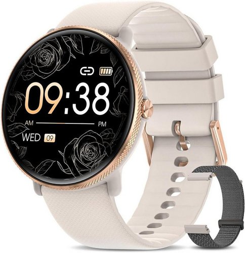 Banlvs Damen Smartwatch,Feine Fitness Uhr mit Telefonfunktion Smartwatch (3.63 cm/1.43 Zoll, AMOLED HD Voll Touchscreen) Perfektes Geschenk für Frauen, IP68 Wasserdicht für iOS Android, Armbanduhr mit SpO2 Pulsuhr Menstruationszyklus
