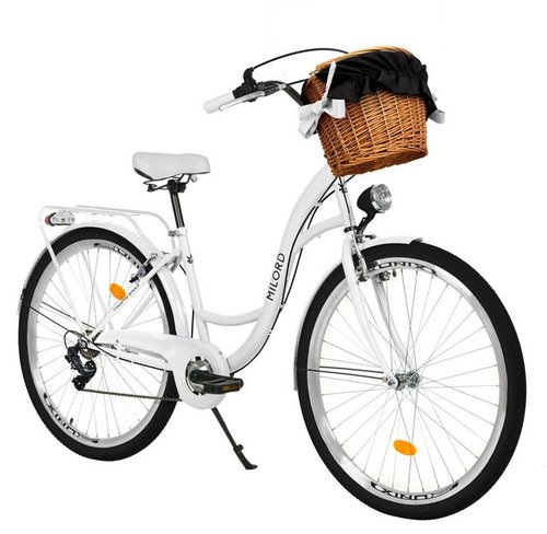Milord Bikes Cityrad Milord City Fahrrad Weidenkorb Damenfahrrad, 28/26 Zoll, Weiß, 7-Gang, 7 Gang, Kettenschaltung