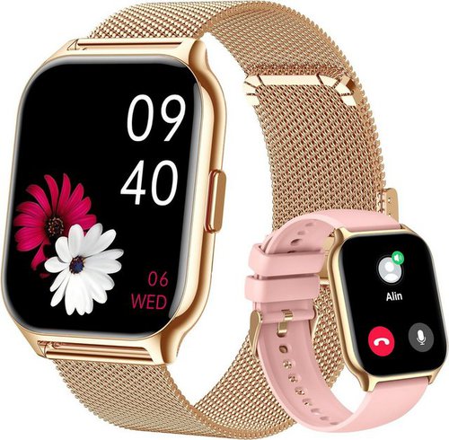 Popglory Damen's und Herren's Telefonfunktion Fitness-Tracker IPx8 Wasserdicht Smartwatch (2 Zoll, Android/iOS), mit austauschbarem weichem Silikonarmband, mit Blutdruckmessung Herzfrequenz Schlafmonitor SpO2, Sport modus