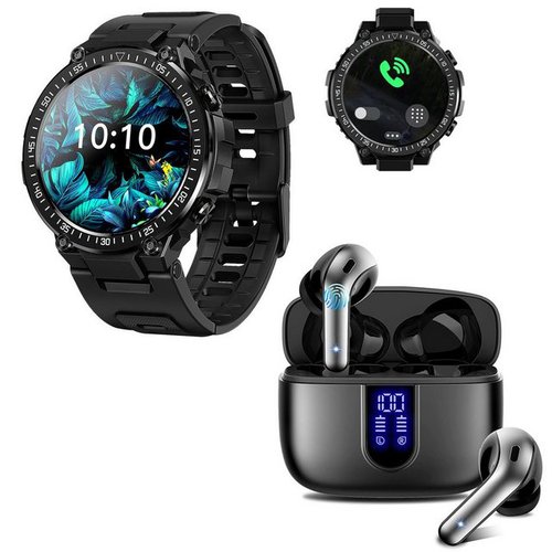 Hyiear Smartwatch Damen Herren, Bluetooth Kopfhörer 5.3, für Android/iOS Smartwatch, mit austauschbaren Armbändern, Ladekabeln Drei Paar Ohrstöpsel, Sportarmband, Fitnessuhr