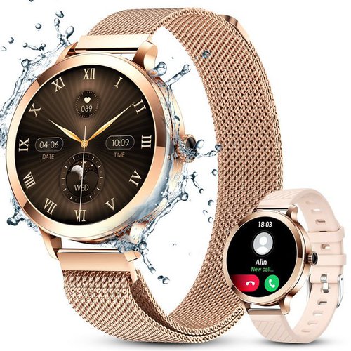 Bekomiya Smartwatch Fitness Tracker Uhr für Damen mit Telefonfunktion Smartwatch (runde/1.1 Zoll AMOLED Full-Touch-Farbdisplay Zoll) Fitness Tracker Armbanduhr mit Blutsauerstoff,Blutdruck,Herzfrequenz,Frauengesundheit., IP68 wasserdichte Sportuhr mit 110+ Sportmodi und Doppelriemen, Mit Blutsauerstoff, Blutdruckmessung,Herzfrequenz usw, für Android IOS