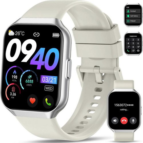 Qcoq für Herren und Damen mit Telefonfunktion IP68, wasserdicht Smartwatch (1.96 Zoll, Android / iOS), mit 113 Sportmodi, Schrittzähler, Schlafmonitor, Pulsmesser