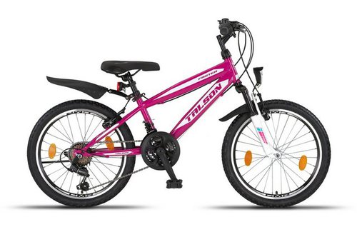 Talson Kinderfahrrad 20 Zoll MTB mit, 18 Gang Shimano, Kettenschaltung, mit Beleuchtung nach StVZO und Gabelfederung Lila