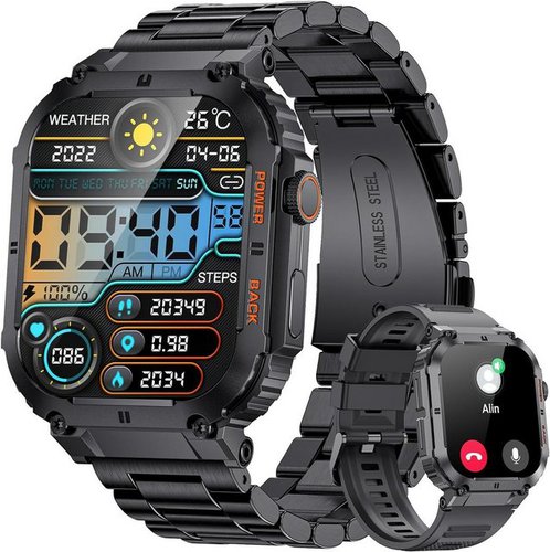 Lige Smartwatch (1,96 Zoll, Android iOS), Militärische Bluetooth HD Gesundheitsmonitor 400mAh 5ATM wasserdichte