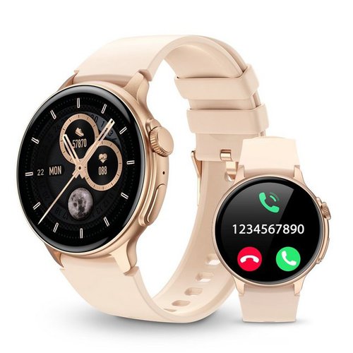 Yuede Smartwatch Damen Herren, Neueste Runde Fitness Uhr mit Anruffunktion Smartwatch (1,43-Zoll-AMOLED-HD Explosionssicherer gehärteter Glasbildschirm Zoll) Fitness Tracker Armbanduhr mit Schrittzähler,Blutsauerstoff, Blutdruckmessung, Schlafüberwachung, AI Voice und SNS-Benachrichtigung etc., Bluetooth 5.3 Sportuhr, IP67 wasserdicht, unterstützt 100+ Sportmodi, für Android IOS