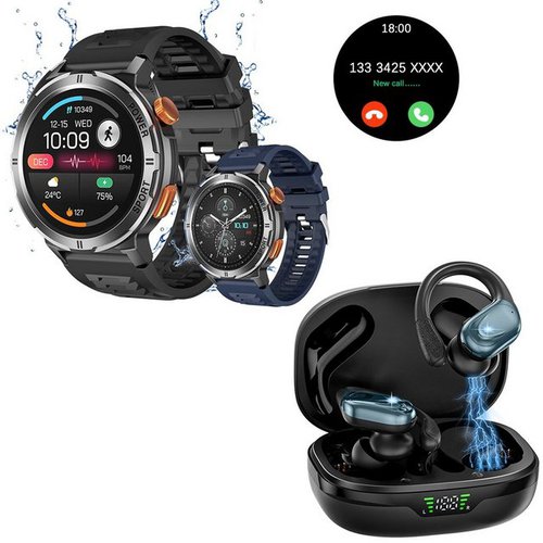Hyiear Smartwatch Damen Herren, IP68 wasserdicht, Kabelloses Bluetooth 5.3 Smartwatch, mit austauschbaren Armbändern, Ladekabeln Drei Paar Ohrstöpse, Fitnessuhr