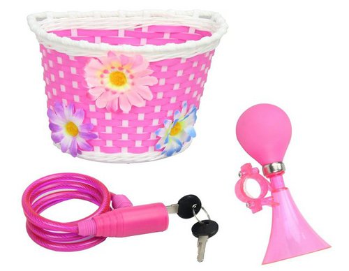 L.a. Sports Kinderfahrrad Zubehör für Mädchen Pink Lenkerkorb Hupe Kabel-Schloss mit Schlüssel, (Set, 3-tlg), geeignet für Dreirad, Laufrad, Kinderroller, Scooter und Fahrrad