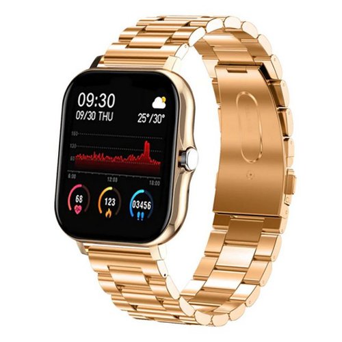Tpfnet SW02 mit Edelstahl Armband - individuelles Display Smartwatch (Android), Armbanduhr mit Musiksteuerung, Herzfrequenz, Schrittzähler, Kalorien, Social Media etc., Gold