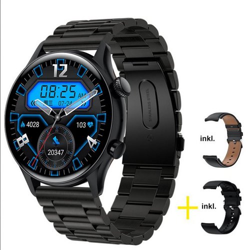TPFNet SW28 mit Edelstahl Armband + Kunstleder & Silikon Armband Smartwatch (Android), individuelles Display - Armbanduhr mit Musiksteuerung, Herzfrequenz, Schrittzähler, Kalorien, NFC Zutrittskontrolle etc. - Schwarz