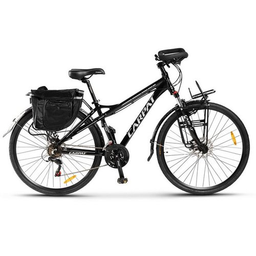 CARPAT SPORT Rennrad 28 Zoll Aluminiumrahmen Racing Bike 700C mit Gepäckträger Tasche, 21 Gang Shimano Tourney Schaltwerk, Kettenschaltung, Trekkingrad, City Commuter Fahrrad für Damen und Herren