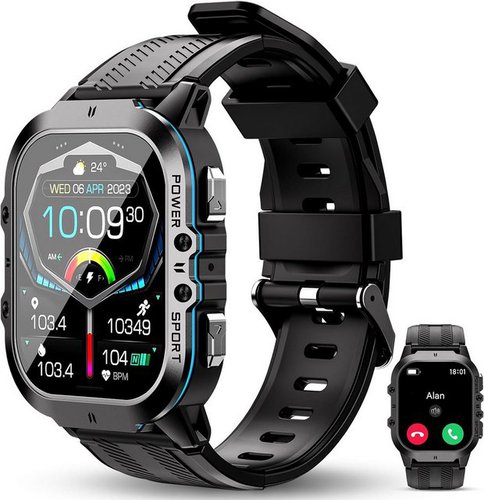 Oukitel Smartwatch (1,96 Zoll, Android iOS), Militärische Wasserdicht Bluetooth Sprachassistent 100+ Sportmodi