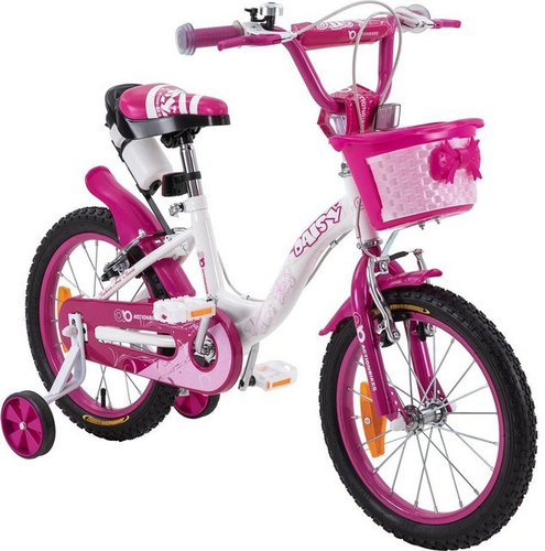 Actionbikes Motors Kinderfahrrad Kinder Mädchen Fahrrad Daisy inkl. Korb, 1 Gang, ohne Schaltung, (16 Zoll, ab 105 cm Körpergröße, max. Zuladung 40 kg, abnehmbare Stützräder, Klingel, Trinkflasche inkl. Halterung, Reflektoren, Antirutschgriffe, Lenkerschutz, 1-tlg., V-Brake-Bremsen, Luftbereifung, Schutzbleche, pink), Gepäckträger hinten, Korb vorne, V-Brake-Bremsen