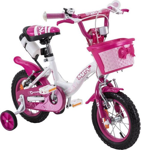 Actionbikes Motors Kinderfahrrad Kinder Mädchen Fahrrad Daisy inkl. Korb, 1 Gang, ohne Schaltung, (12 Zoll, ab 95 cm Körpergröße, max. Zuladung 35 kg, Trinkflasche inkl. Halterung, abnehmbare Stützräder, Klingel, Reflektoren, Antirutschgriffe, Lenkerschutz, 1-tlg., V-Brake-Bremsen, Luftbereifung, Schutzbleche, pink), Gepäckträger hinten, Korb vorne, V-Brake-Bremsen