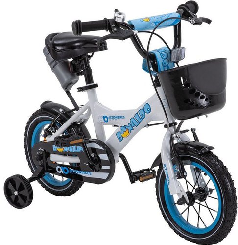 Actionbikes Motors Kinderfahrrad Kinder Fahrrad BMX Donaldo inkl. Korb - weiß / blau, 1 Gang, ohne Schaltung, (12 Zoll, ab 95 cm Körpergröße, max. Zuladung 35 kg, abnehmbare Stützräder, Klingel, Trinkflasche inkl. Halterung, Reflektoren, Antirutschgriffe, Lenkerschutz, 1-tlg., V-Brake-Bremsen, Luftbereifung, Schutzbleche, weiß / blau), höhenverstellbares Bike Jungen Mädchen Rad Kinderrad ab 2 Jahre