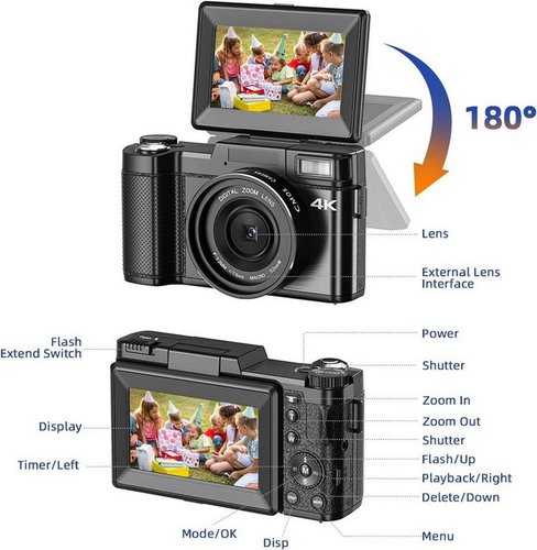 A Ade 4K Videokamera Camcorder Digitalkamera, 48MP Fotokamera Kompaktkamera (48 MP, inkl. mit Stativ, Mikrofon, Weitwinkel Linse und Macro Linse, Fernsteuerung)