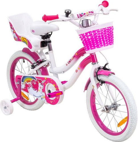 Actionbikes Motors Kinderfahrrad Mädchen Kinder Fahrrad Unicorn inkl. Puppensitz & Fahrradkorb, 1 Gang, ohne Schaltung, (Einhorn-Design, 16 Zoll, ab 105 cm Körpergröße, max. Zuladung 40 kg, Stützräder, Klingel, Reflektoren, Antirutschgriffe, Lenkerschutz, 1-tlg., V-Brake-Bremse, Luftbereifung, Schutzbleche, pink / weiß), höhenverstellbares Bike Mädchen Rad Kinderrad ab 4 Jahre