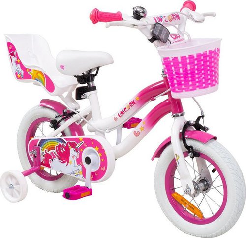 Actionbikes Motors Kinderfahrrad Mädchen Kinder Fahrrad Unicorn inkl. Puppensitz & Fahrradkorb, 1 Gang, ohne Schaltung, (Einhorn-Design, 12 Zoll, ab 95 cm Körpergröße, max. Zuladung 35 kg, Stützräder, Klingel, Reflektoren, Antirutschgriffe, Lenkerschutz, 1-tlg., V-Brake-Bremse, Luftbereifung, Schutzbleche, pink / weiß), höhenverstellbares Bike Mädchen Rad Kinderrad ab 2 Jahre