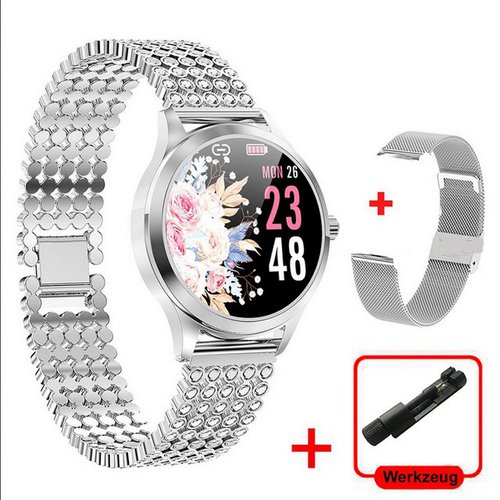 Tpfnet SW37 mit Diamant Strass + Milanaise Armband + Strap Smartwatch (Android), individuelles Display, Armbanduhr mit Musiksteuerung, Herzfrequenz, Schrittzähler, Kalorien, Sportmodus etc. - Fitness-Tracker - Silber