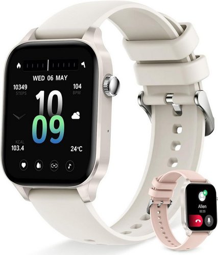 Erkwei Damen mit Telefonfunktion Schrittzähler Fitness Smartwatch (1,85 Zoll, Andriod iOS), Mit Benachrichtigungen Sprachassistent Schlafmonitor Herzfrequenz SpO2
